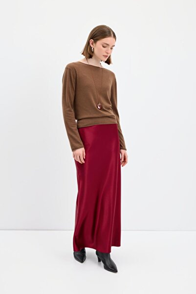 KADRİYE BAŞTÜRK Long Pencil Satin Skirt Burgundy