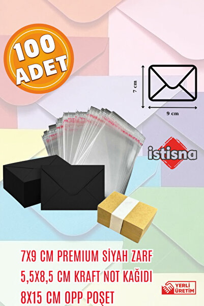 İstisna 100 Pieces 7X9 cm Black Envelopes Cute Mini Card Envelopes with Kraft Note Paper and Opp Bag Gift