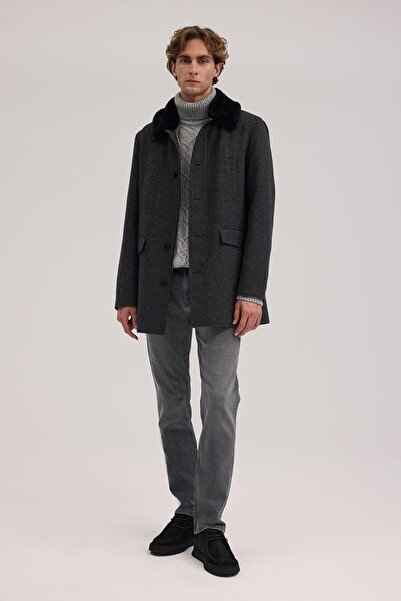 Jakamen Antrasit Regular Fit Kürklü Yaka Yünlü Kaban