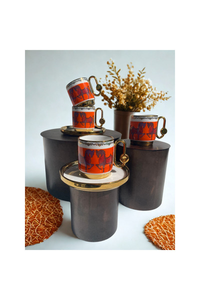 Karma Home 6-Person Modern Double Horse Pattern Orange Porcelain Coffee Cup Set - Stylish Presentation Set with Gold Detail