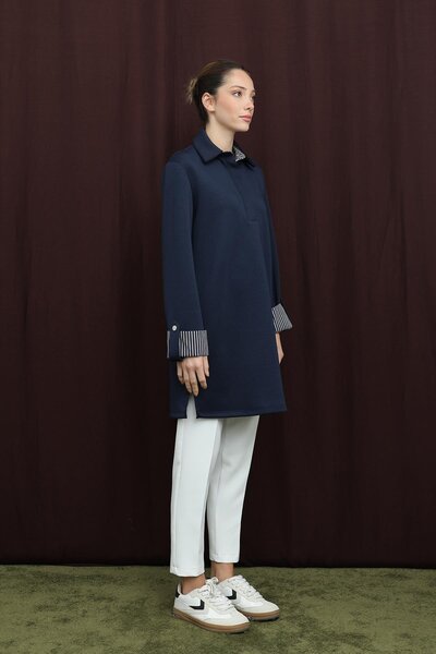 Puane Women's Basic Tunic with Collar and Sleeve Detail - 10724Tun - Navy