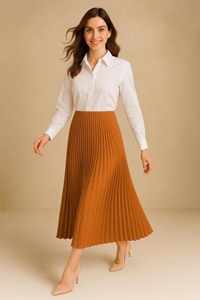 VOICTEC Double Pleated Elastic Waist Knitted Flared Skirt Standard Size (38-44 Compatible)