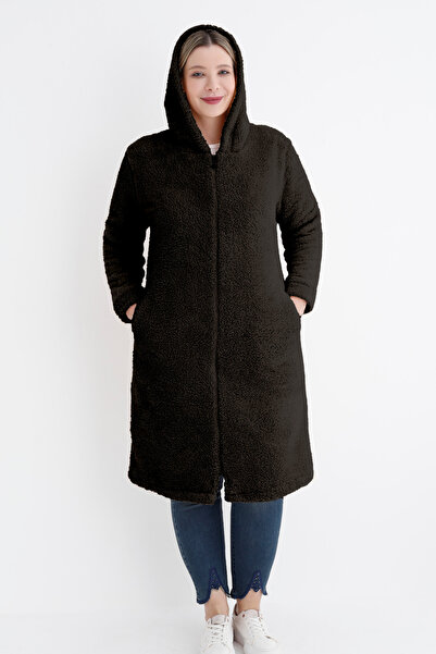 İntensive Black Women's Plus Size Long Sleeve Pocket Hooded Plush Long Cardigan