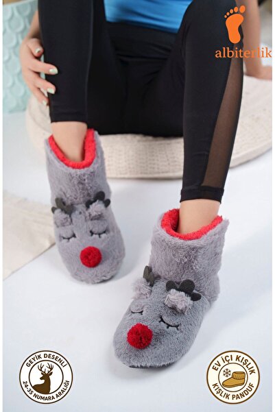 AlbiShoes Kız Çocuk Geyik Figürlü Ev Botu Panduf Çocuk Peluş Rahat Sessiz Kay...