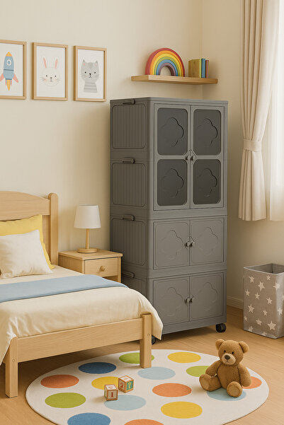 Roza's Home 3 Katlı Dolap&Gardrop Taşınabilir Organizer Tekerlekli Dolap Çok Amaçlı Kapaklı Katlanır