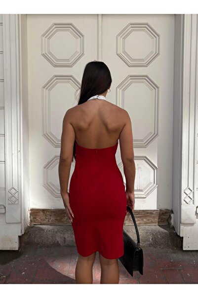 Modafeminen Crepe Stretch Fabric Turtleneck Garnished Evening Dress 583318 Red