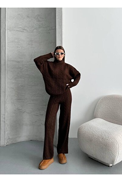 mylunessa Brown Scarf Hair Braided Knitwear Trousers Set