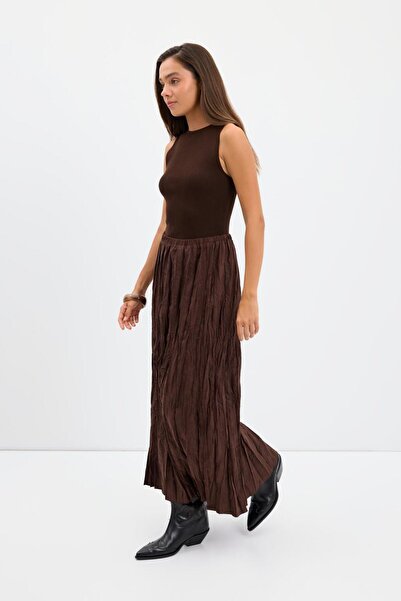 KADRİYE BAŞTÜRK Wrinkled Look Long Suede Skirt Brown