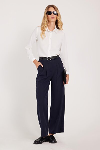 Tudors Women's Regular Fit Classic Cut Velcro Closure Palazzo Navy Blue Trousers