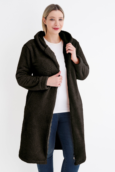 İntensive Black Women's Plus Size Long Sleeve Pocket Hooded Plush Long Cardigan