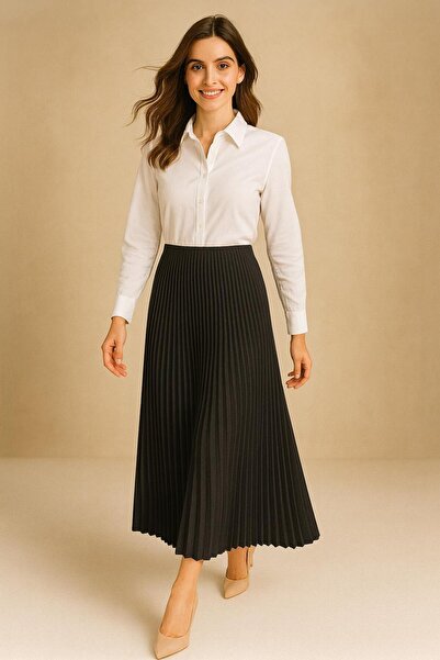 VOICTEC Double Pleated Elastic Waist Knitted Flared Skirt Standard Size (38-44 Compatible)