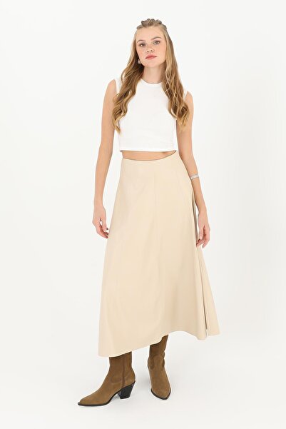 Puane Fusta din piele cu fermoar pentru femei - 18203ETK - BEIGE