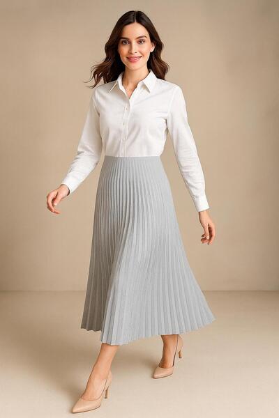 VOICTEC Double Pleated Elastic Waist Knitted Flared Skirt Standard Size (38-44 Compatible)