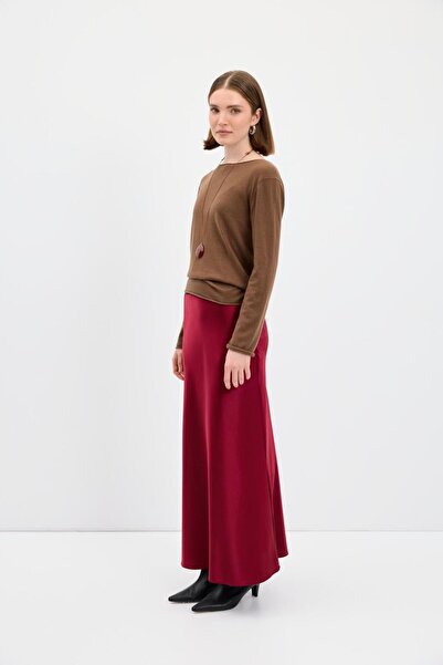 KADRİYE BAŞTÜRK Long Pencil Satin Skirt Burgundy
