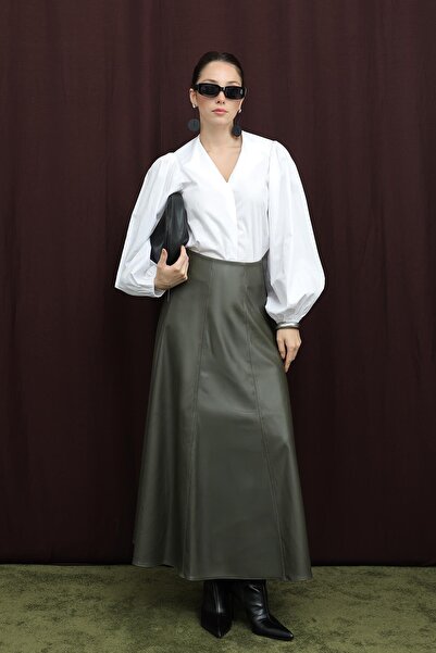 Puane Fusta din piele cu fermoar pentru femei - 18203ETK - Kaki