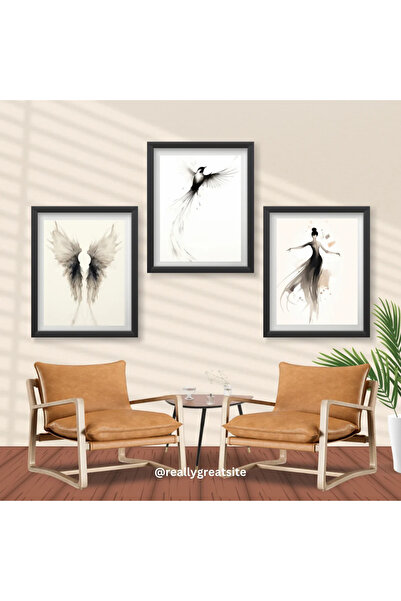 Dens Art Design Suluboya Görünümlü Kanat, Kuş ve Dans Eden Kadın 3'lü Poster