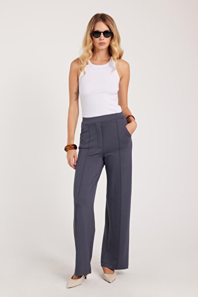 Tudors Kadın Relax Fit Rahat Kesim Modal Kumaş Yüksel Bel Geniş Paça Antrasit Pantolon