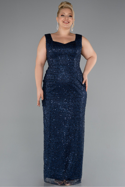 Abiyefon Lacivert Kolsuz V Yaka Boncuklu Uzun Büyük Beden Abiye ABU5190