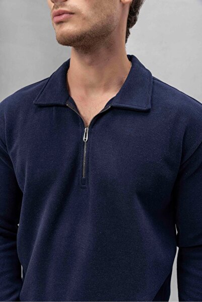 Valiberta Eric Relax Fit Півзастібка-блискавка Поло-комір Селонік Тканина Чоловічий Світшот - Синій