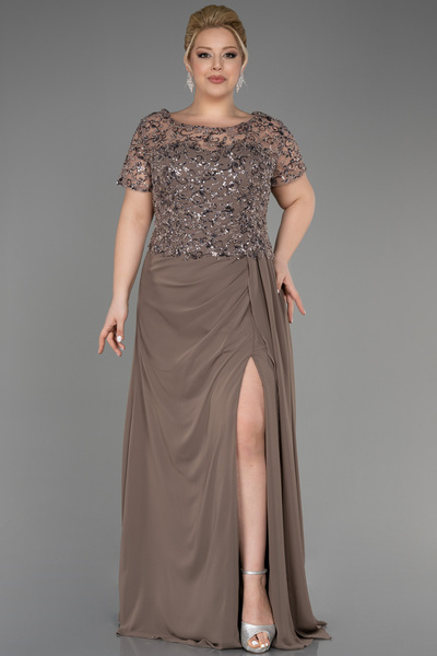 Abiyefon Cappuccıno Kısa Kol Üstü İşlemeli Uzun Büyük Beden Abiye ABU3731