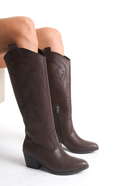 Bak Store Γυναικείες μπότες Western Cowboy με φερμουάρ και κέντημα σε καφέ σοκολάτα