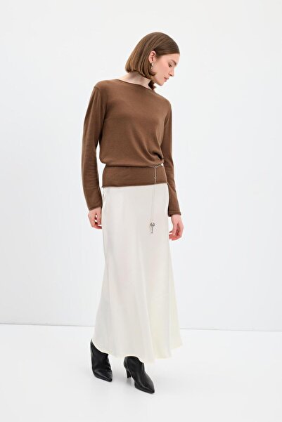 KADRİYE BAŞTÜRK Long Pencil Satin Skirt Ecru