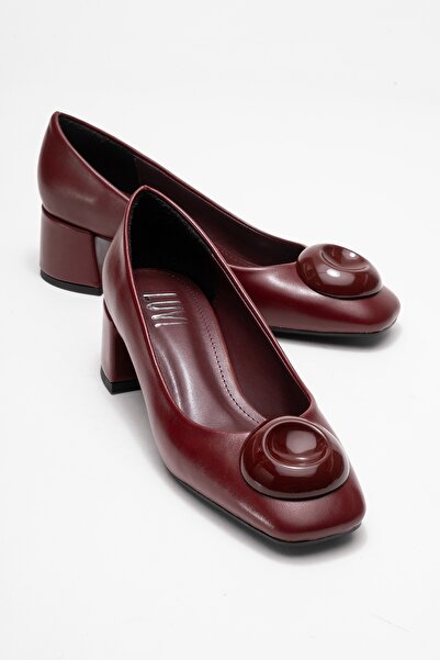 LuviShoes Mila Burgundy Buckle Square Toe Women's Thick Heeled Shoes