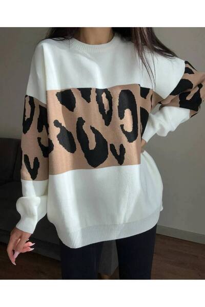 moda paketi Oversize Leopard Pattern Striped Knitwear Women's Sweater