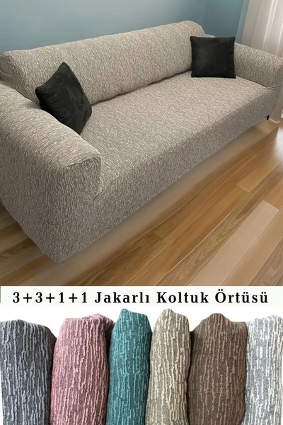 StarMall Jakarlı Çubuk Desen Koltuk Örtüsü 3+3+1+1 Takımı Lastikli Esnek Yıkanabilir Çekyat Kanepe Kılıfı