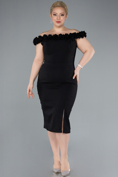 Abiyefon Siyah Çiçekli Kayık Yaka Midi Büyük Beden Davet Elbisesi ABK2318