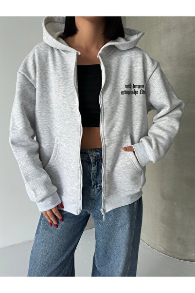 moda paketi 3-Ply Sharded Cardigan Sweatshirt with Front Zipper and Print Detail