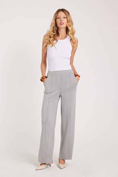 Tudors Kadın Relax Fit Rahat Kesim Modal Kumaş Yüksel Bel Geniş Paça Gri Pantolon