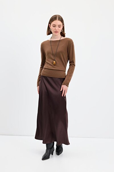 KADRİYE BAŞTÜRK Long Pencil Satin Skirt Brown