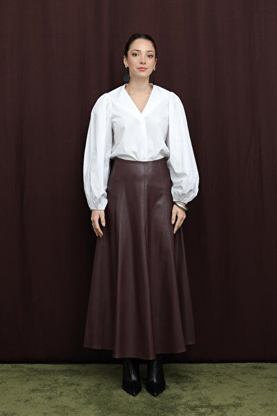 Puane Fusta din piele cu fermoar pentru femei - 18203ETK - Roșu Claret