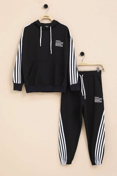 Cansın Mini Black Stripe Detailed Text Printed Hooded Boys' Tracksuit Set 21453