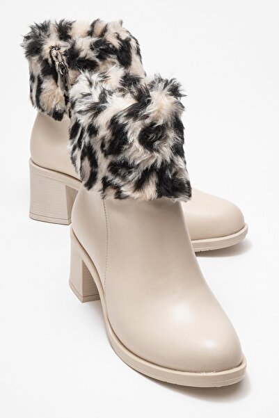 CCWAY AYAKKABI Kadın Topuklu Kürklü Boğazlı Bot BEJ CİLT