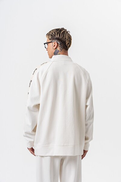 Respire Men's Stripe Detailed Stand Collar Doubleface Zip Oversize Sweatshirt Ecru