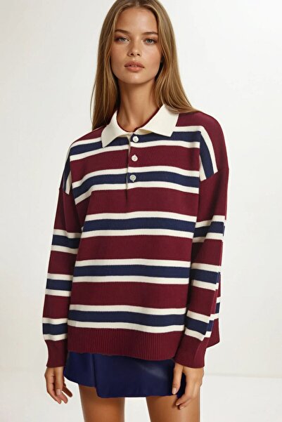 VAGGON سترة تريكو مخططة بياقة بولو باللون العنابي للنساء Vs01029