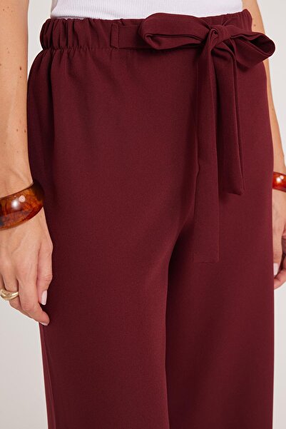 Tudors Women's Relax Fit Comfortable Cut Elastic Waist Tie Wide Leg Burgundy Trousers