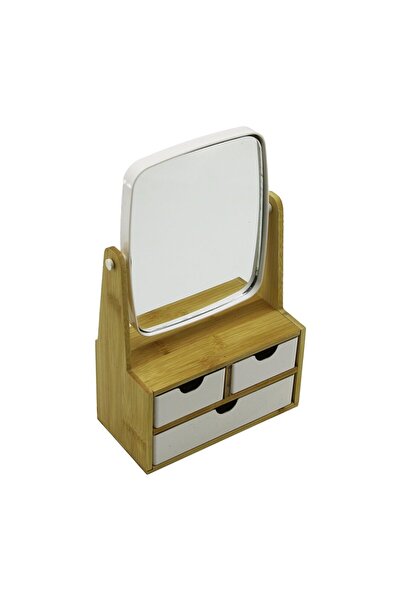 Go İthalat 3 Drawers with Bamboo Wooden Stand=9X9.5X18X21.5Cm Makeup Mirror=15X18Cm Jewelry Holder 2+1 Organizer (5273)