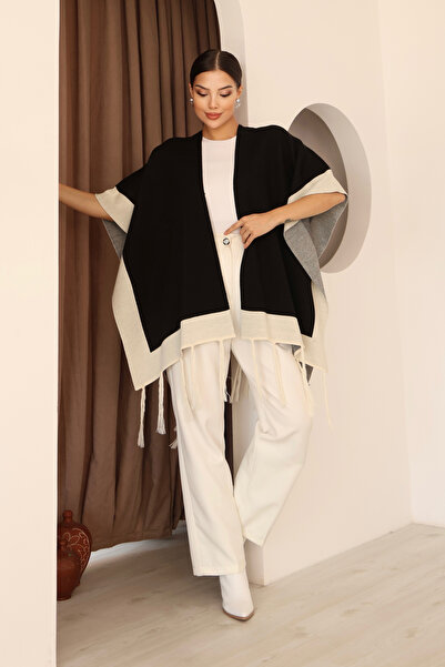 ALCHON Σάλι U με γιακά χωρίς μανίκια, ζακάρ με λωρίδες στις άκρες, φούντες, κανονικό μέγεθος, εποχιακό πλεκτό σάλι