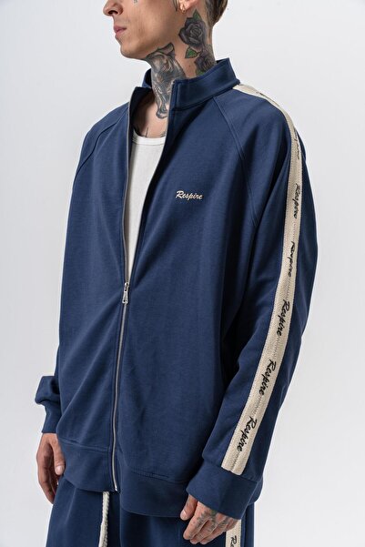 Respire Ανδρικό φούτερ με λεπτομέρεια ριγέ με όρθιο γιακά με διπλό φερμουάρ Oversize Navy Blue