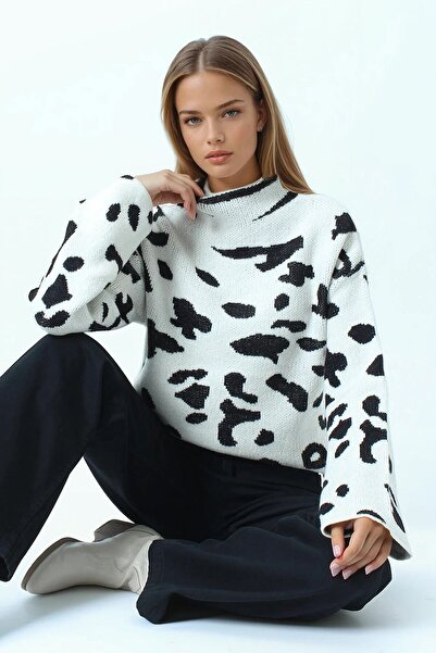 VAGGON Pulover tricotat cu jumătate de gât cu model ecru pentru femei Vs01038