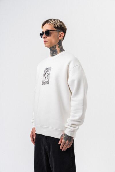 Respire Men's Indefinite Printed Crew Neck Oversize Sweatshirt Ecru