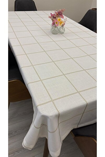 homease Beige Embroidered Gardenia Carefree Patchwork Tablecloth | 160X220–160X260 | Guesthouse & Dowry House