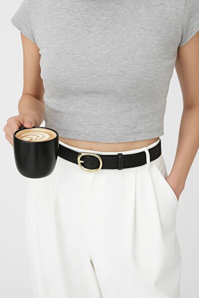 Çantacımstore Women's Faux Leather Belt Black with Gold Buckle