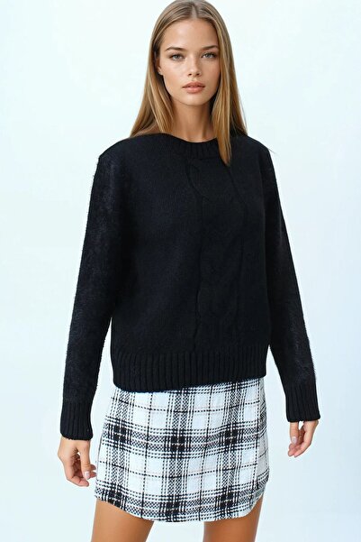 VAGGON Pulover de tricotat cu ciucuri pentru femei, negru, cu decolteu, cu detaliu în talie și mâneci, Vs01046