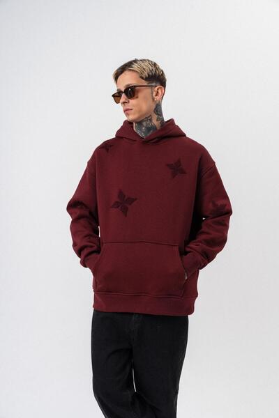 Respire Ανδρικό φούτερ με κουκούλα με λεπτομέρεια κεντήματος, μεγάλου μεγέθους, μπορντό