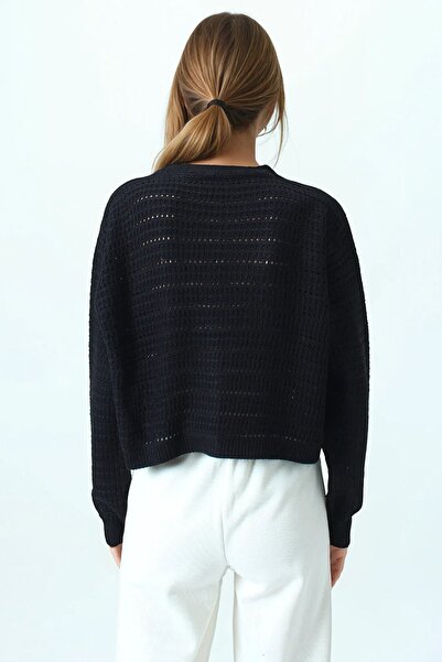 VAGGON Women's Black Textured Knitted Patterned Long Sleeve Buttoned Knitwear Cardigan Vs01049