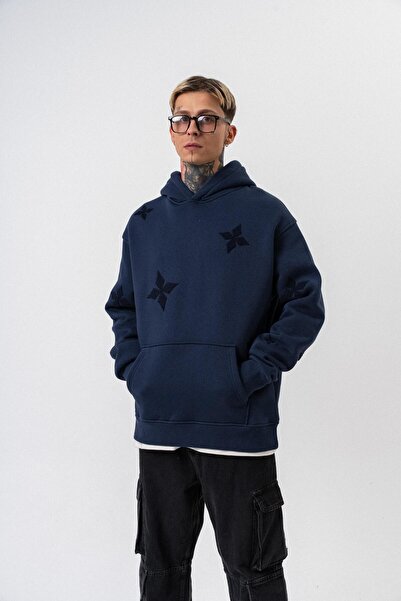 Respire Erkek Süzene Nakış Detaylı Kapüşonlu Oversize Hoodie Lacivert